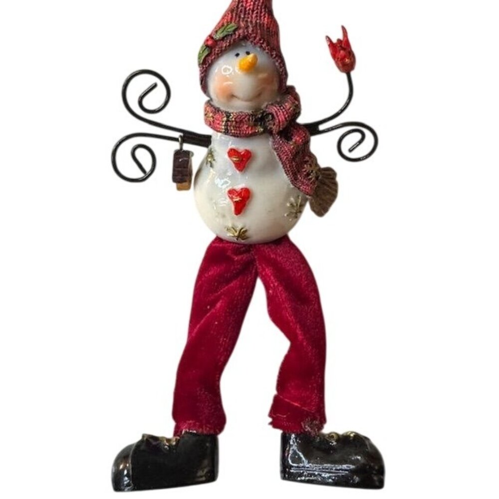 Vintage Snowman Figurine With Red Hat & Scarf Heart Accents & Wire Arms Holiday